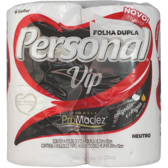 PAPEL HIGIÊNICO FOLHA DUPLA PERSONAL VIP 4 ROLOS 30MX10CM NEUTRO