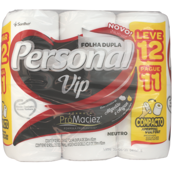 PAPEL HIGIÊNICO FOLHA DUPLA PERSONAL VIP LEVE 12 ROLOS 30MX10CM NEUTRO E PAGUE 11