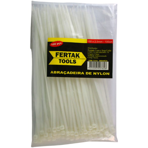 ABRAÇADEIRA DE NYLON 150 X 2,5MM BRANCA FERTAK 100pçs