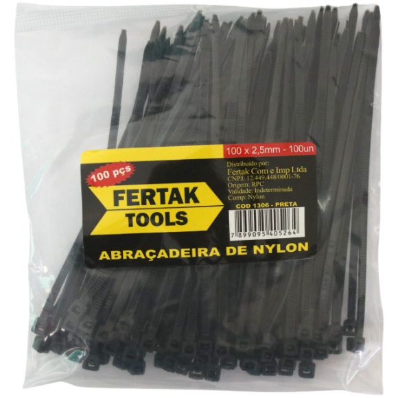 ABRAÇADEIRA DE NYLON 100 X 2,5MM PRETA FERTAK 100pçs