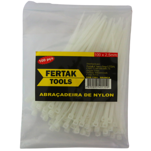 ABRAÇADEIRA DE NYLON 100 X 2,5MM BRANCA FERTAK 100pçs